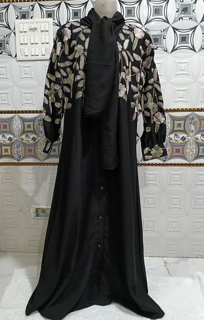 Front Open Black Embroidered Abaya With Light Green And Beige Embroidery