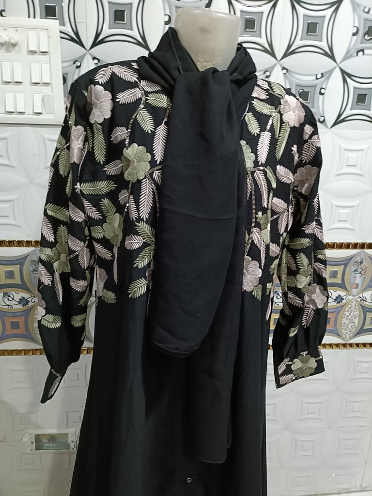 Front Open Black Embroidered Abaya With Light Green And Beige Embroidery thumbnail 3