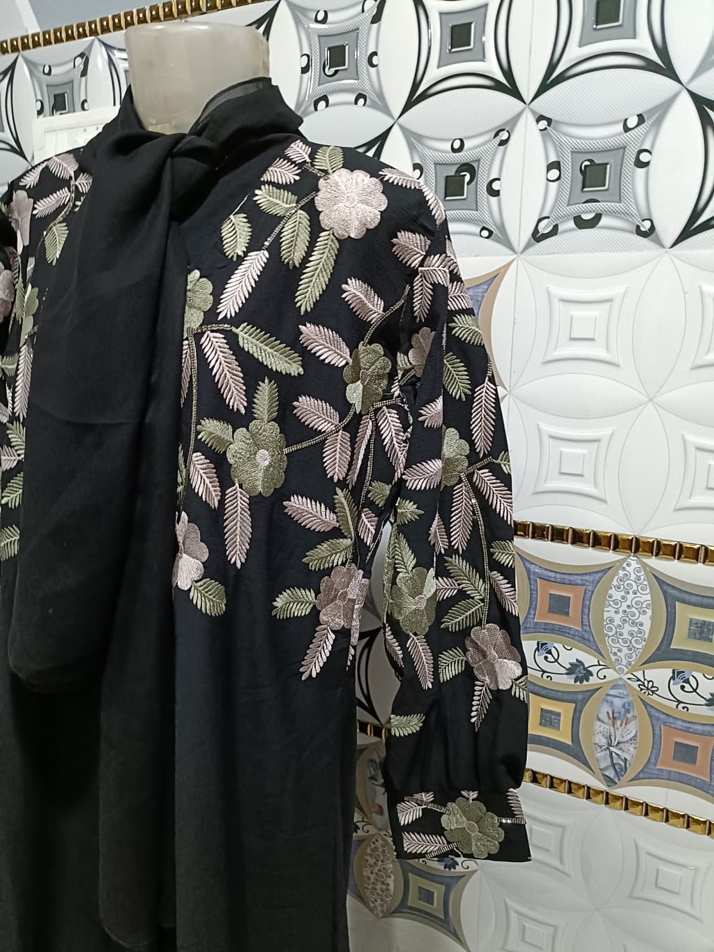 Front Open Black Embroidered Abaya With Light Green And Beige Embroidery thumbnail 4