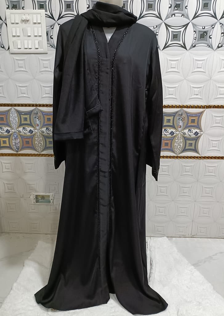 Front Open Black Nida Abaya With Moti Handwork