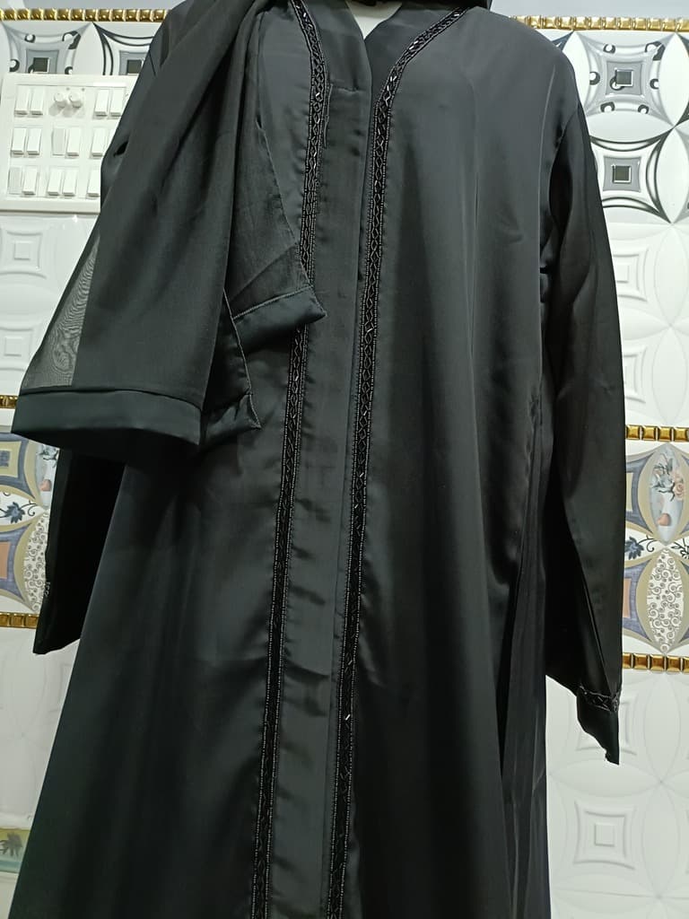 Front Open Black Nida Abaya With Moti Handwork thumbnail 2