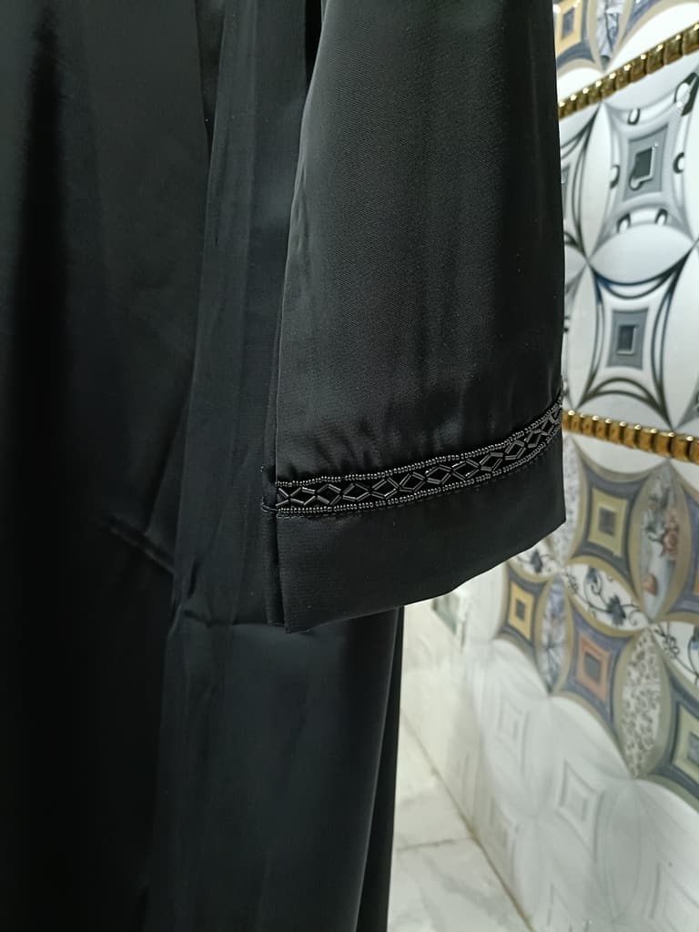 Front Open Black Nida Abaya With Moti Handwork thumbnail 3