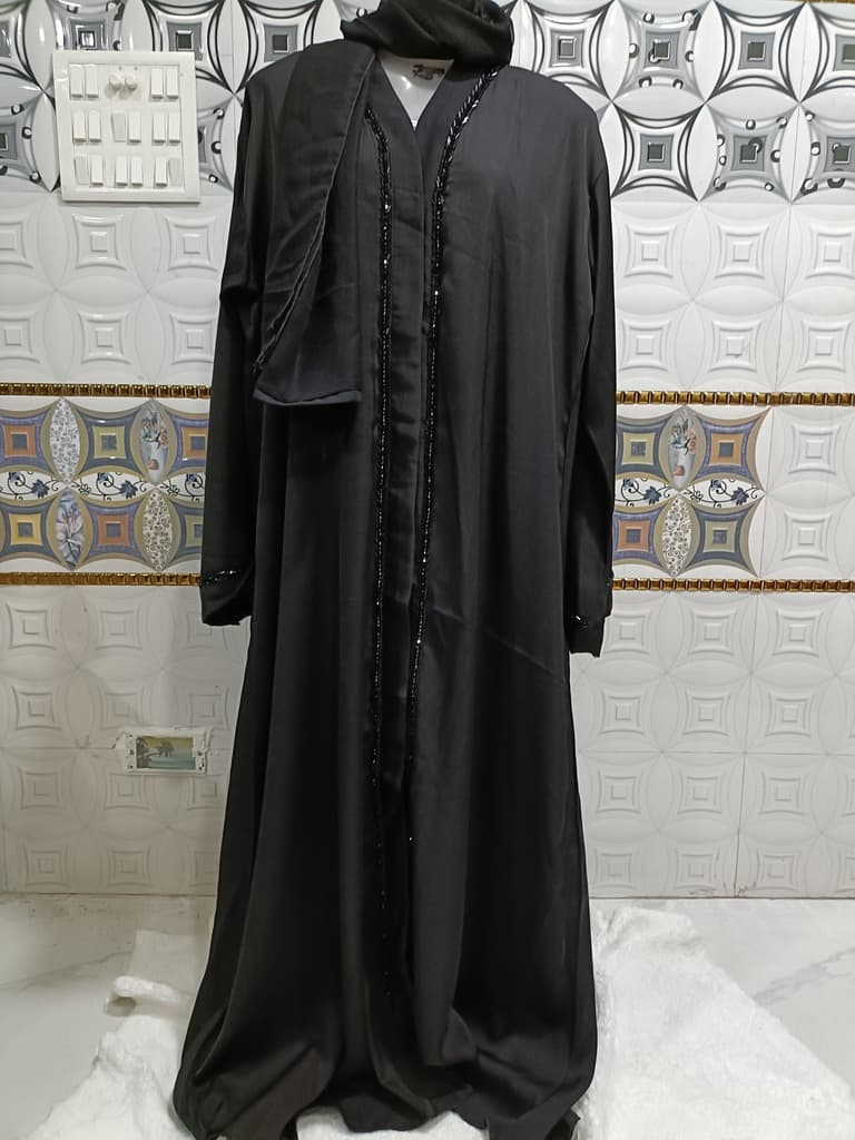 Front Open Black Nida Abaya With Moti Handwork