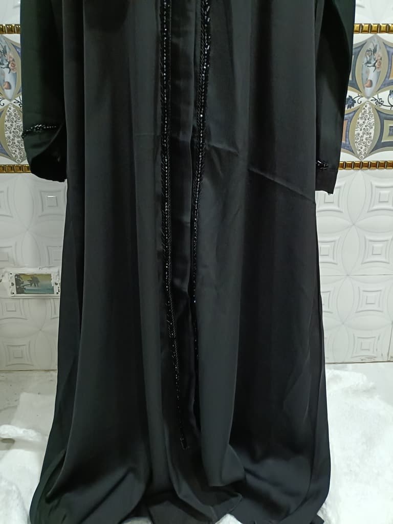 Front Open Black Nida Abaya With Moti Handwork thumbnail 2