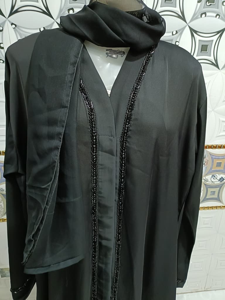 Front Open Black Nida Abaya With Moti Handwork thumbnail 3