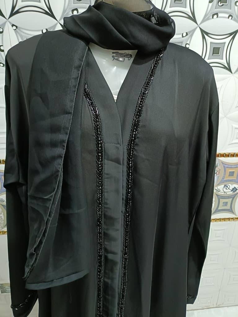 Front Open Black Nida Abaya With Moti Handwork image