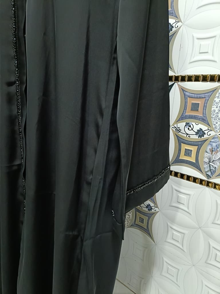 Front Open Black Nida Abaya With Moti Handwork thumbnail 4
