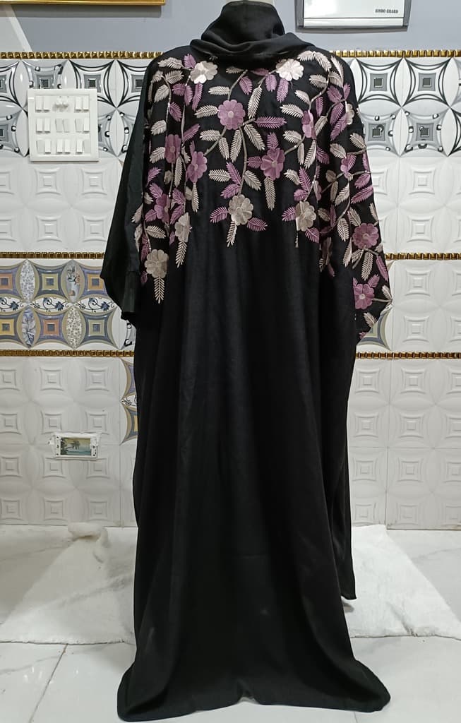 Black Embroidered Kaftan With Lilac And Blush Pink Embroidery thumbnail 1