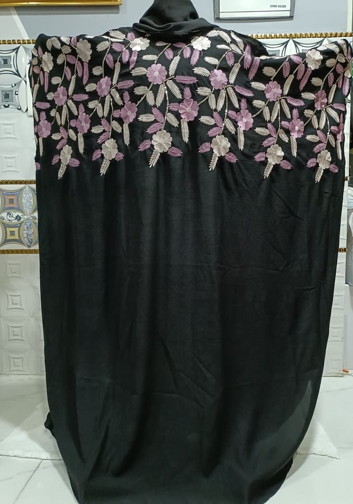 Black Embroidered Kaftan With Lilac And Blush Pink Embroidery thumbnail 2