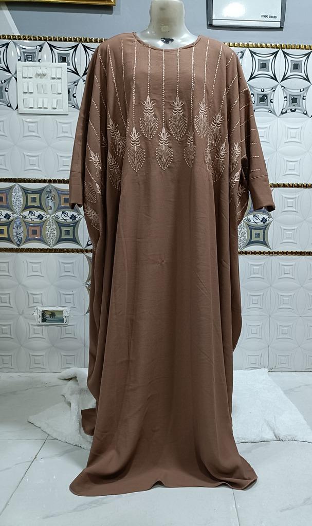Pastel Brown Heavily Embroidered Kaftan With Beige Embroidery image