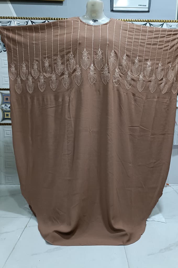 Pastel Brown Heavily Embroidered Kaftan Abaya With Beige Embroidery thumbnail 2