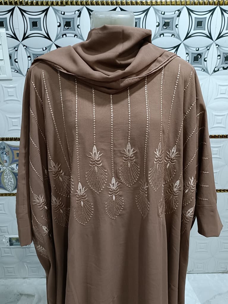 Pastel Brown Heavily Embroidered Kaftan Abaya With Beige Embroidery thumbnail 3