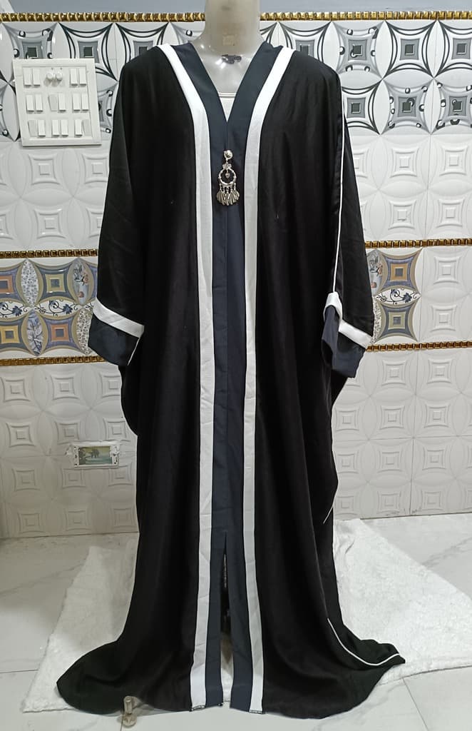 Black Batwing Kaftan With Lead Gray And White Strips thumbnail 1