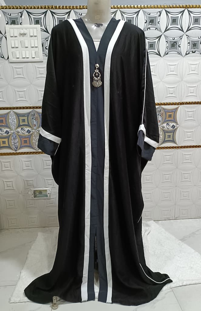 Black Batwing Kaftan With Lead Gray And White Strips image