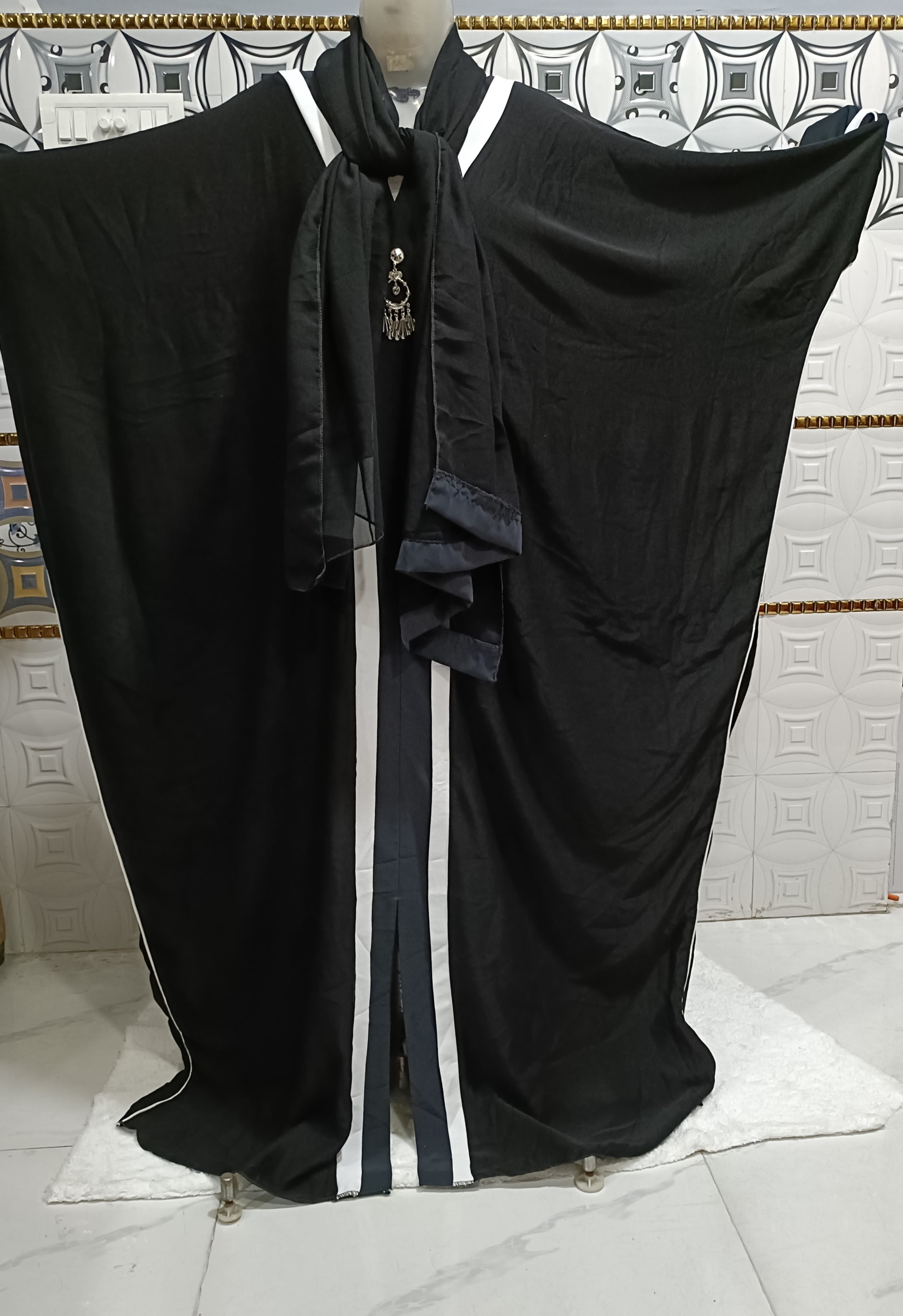 Black Batwing Kaftan With Lead Gray And White Strips thumbnail 2
