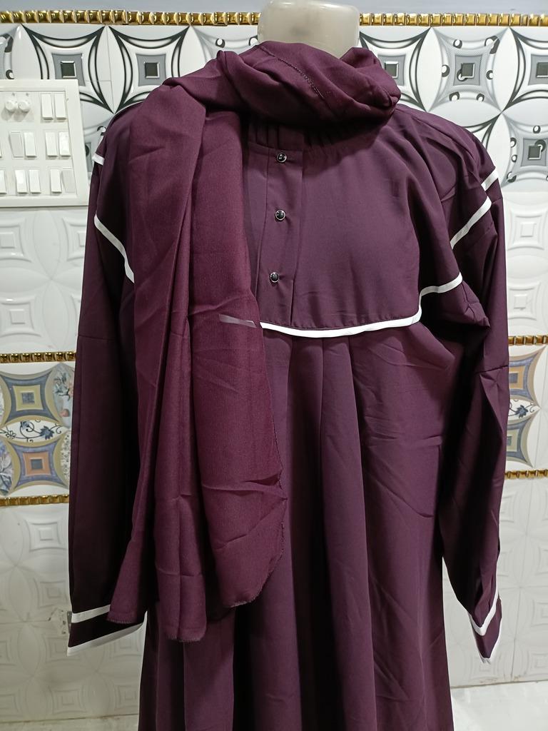 Dark Purple Abaya With White Piping And Plated Sleeves image