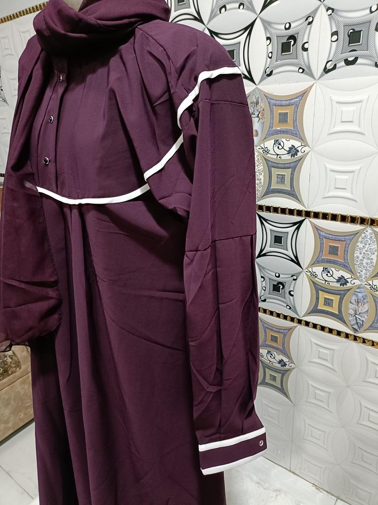 Dark Purple Abaya With White Piping And Plated Sleeves image