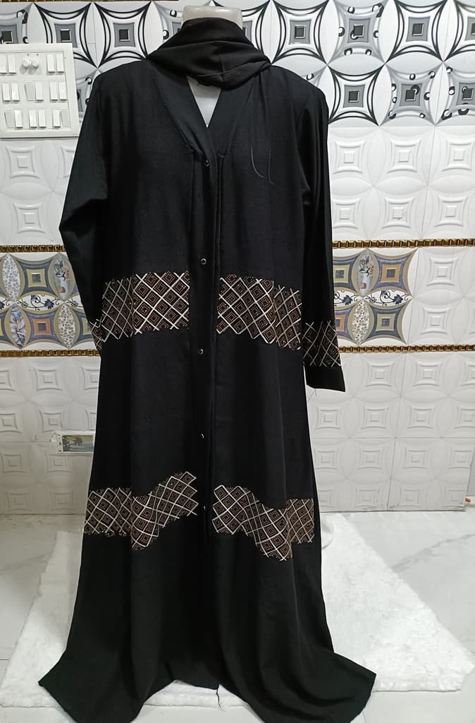 Front Open Black Abaya With Golden Stone