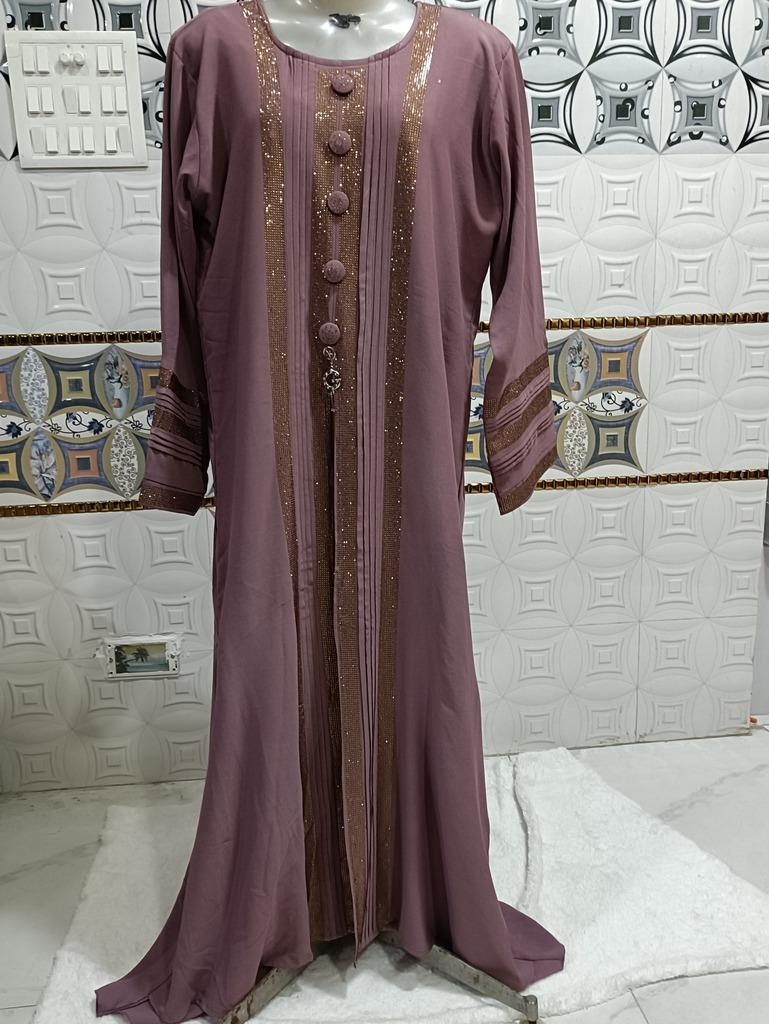 Festival Fuschia Pink Abaya With Golden Stones And Mock Buttons image