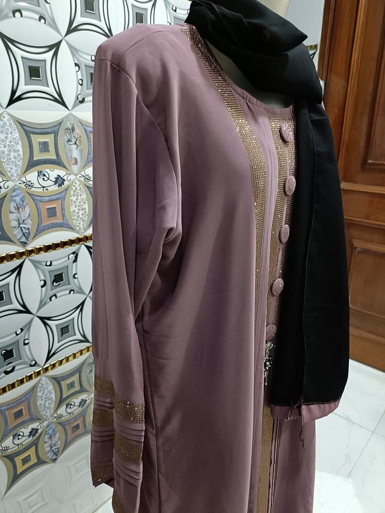 Festival Fuschia Pink Abaya With Golden Stones And Mock Buttons thumbnail 4