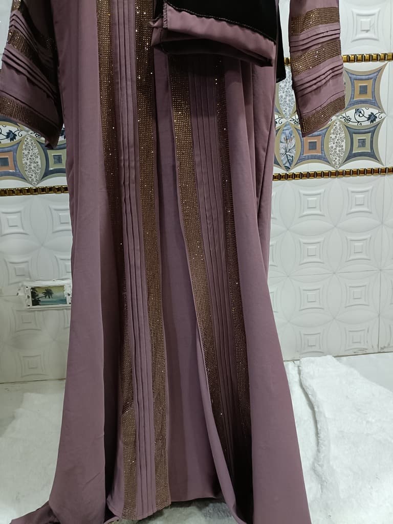 Festival Fuschia Pink Abaya With Golden Stones And Mock Buttons thumbnail 5