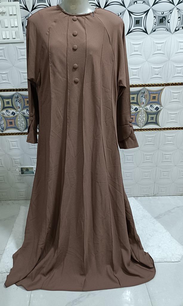 Ash Brown Umbrella Abaya With Mock Buttons And Slant Neck Chain image