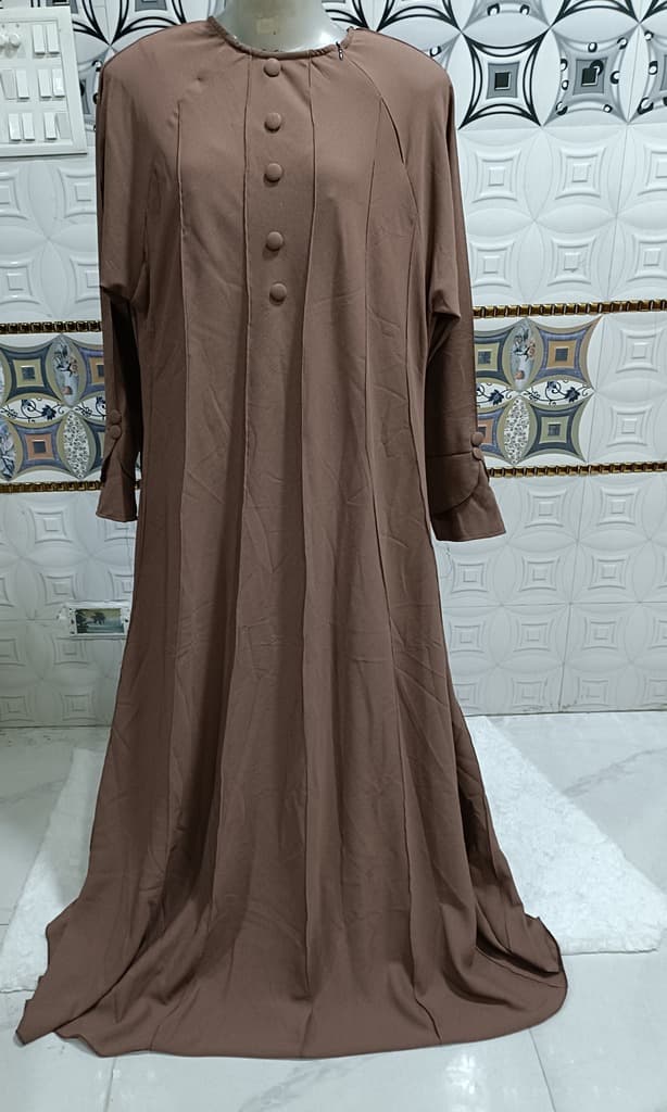 Ash Brown Umbrella Abaya With Mock Buttons And Slant Neck Chain