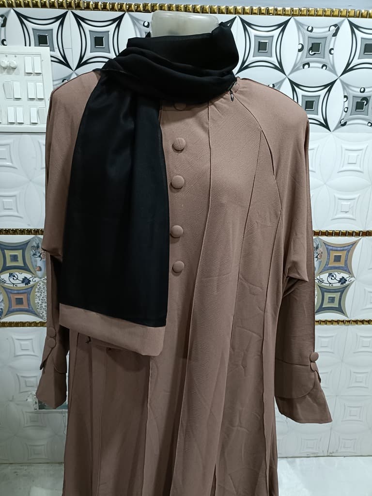 Ash Brown Umbrella Abaya With Mock Buttons And Slant Neck Chain thumbnail 2