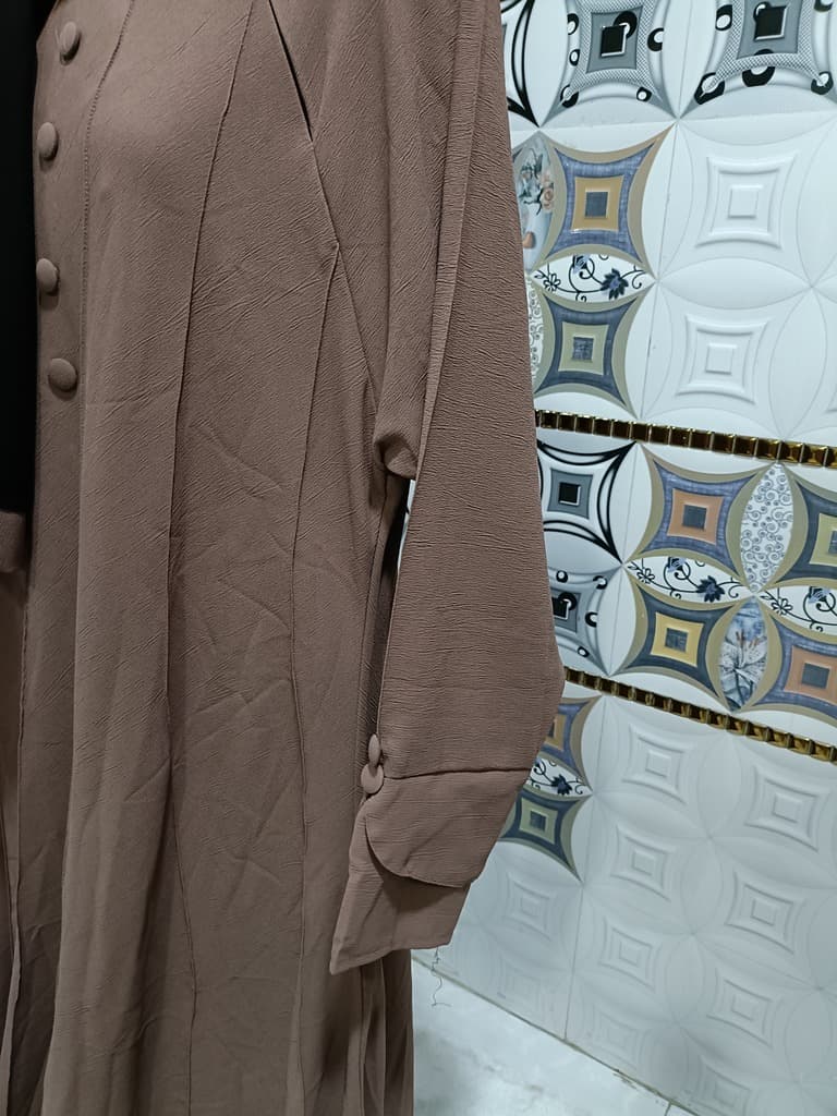Ash Brown Umbrella Abaya With Mock Buttons And Slant Neck Chain thumbnail 3