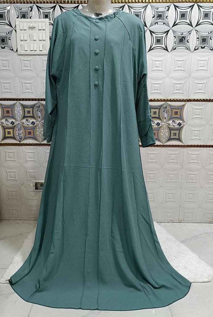 Teal Umbrella Abaya With Mock Buttons And Slant Neck Chain