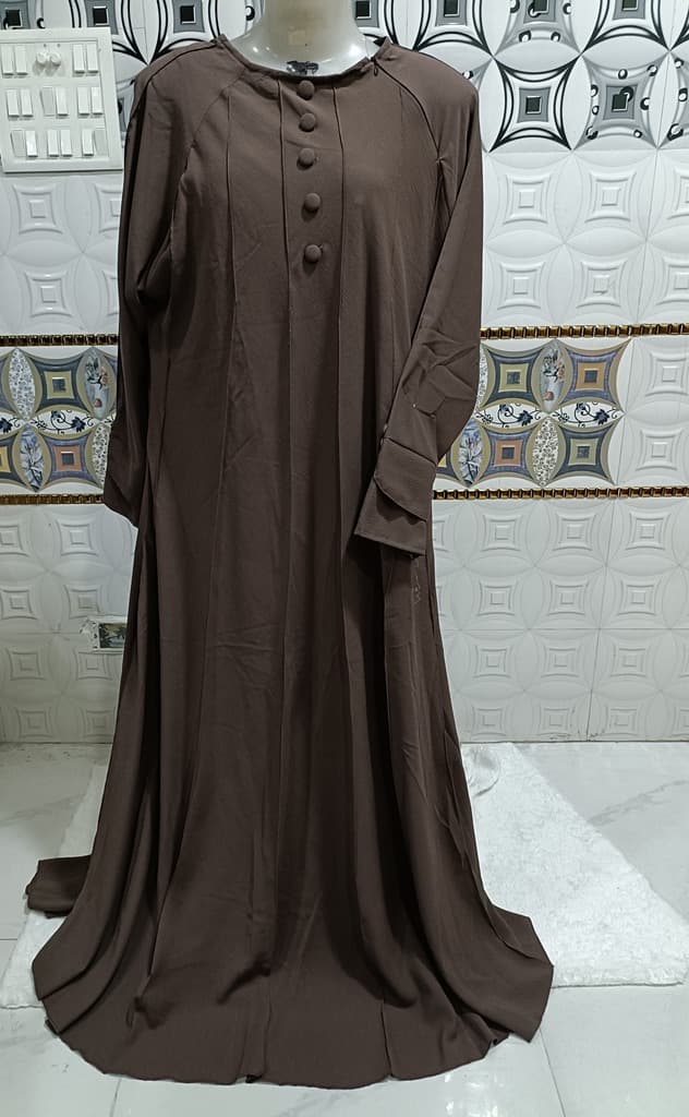 Carob Brown Umbrella Abaya With Mock Buttons And Slant Neck Chain