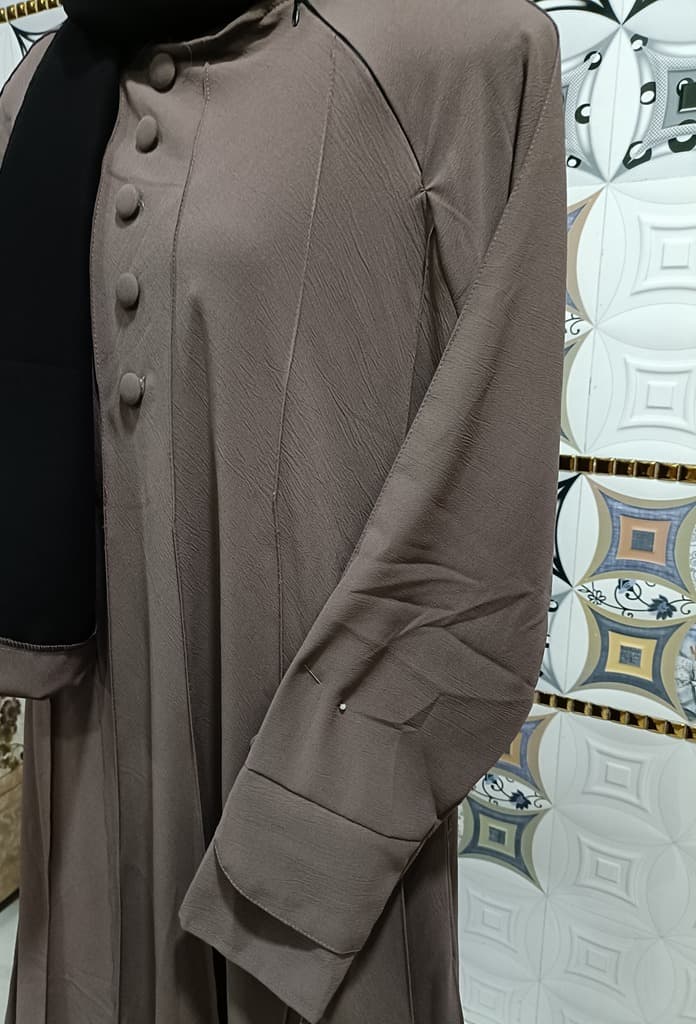 Carob Brown Umbrella Abaya With Mock Buttons And Slant Neck Chain thumbnail 2