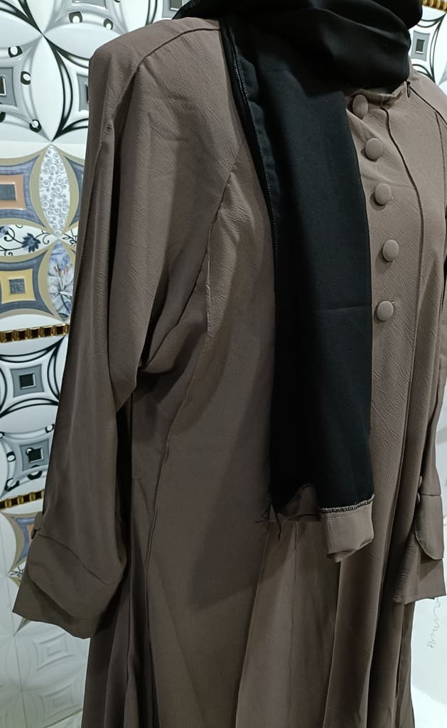 Carob Brown Umbrella Abaya With Mock Buttons And Slant Neck Chain thumbnail 3