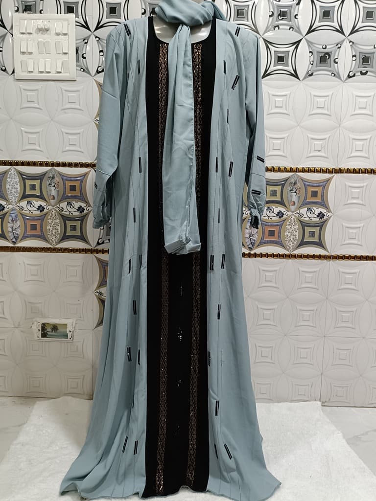 Arctic Blue Contrast Abaya With Full Length Stone Work image