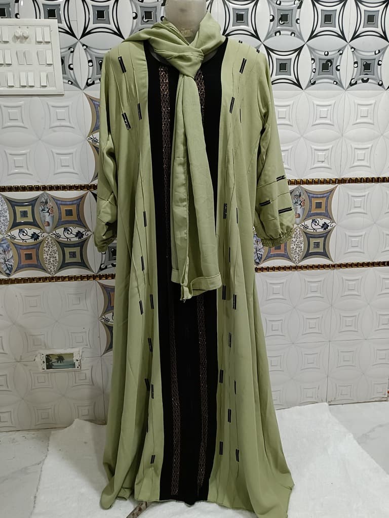 Pista Green Contrast Abaya With Full Length Stone Work image