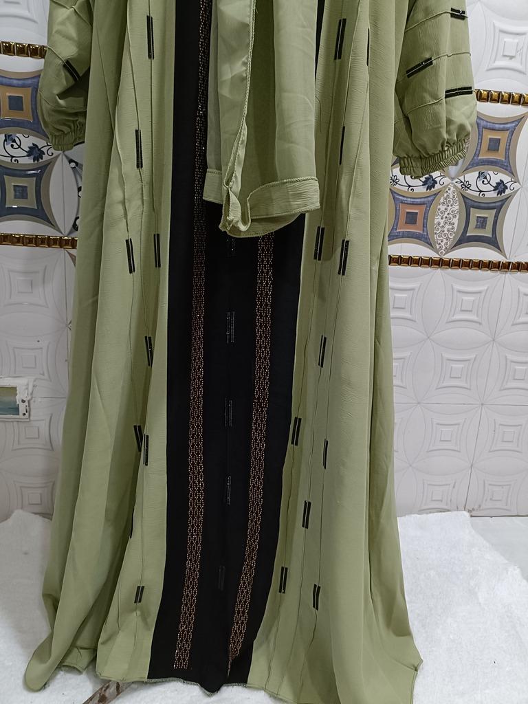 Pista Green Contrast Abaya With Full Length Stone Work image
