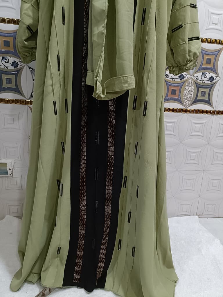 Pista Green Contrast Abaya With Full Length Stone Work thumbnail 2