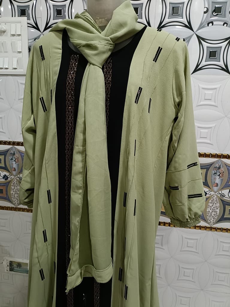 Pista Green Contrast Abaya With Full Length Stone Work thumbnail 3