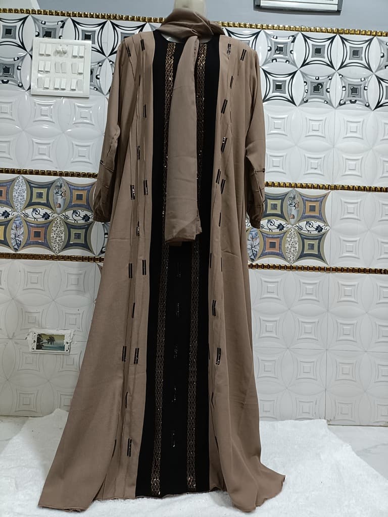 Taupe Brown Contrast Abaya With Full Length Stone Work