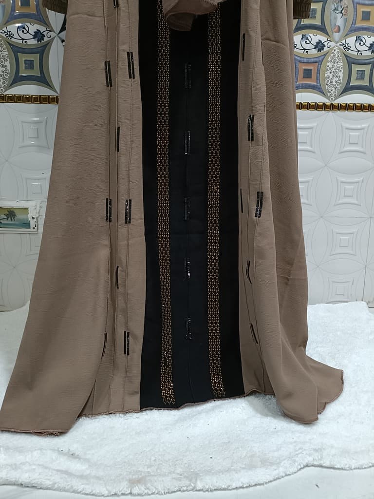Taupe Brown Contrast Abaya With Full Length Stone Work thumbnail 2