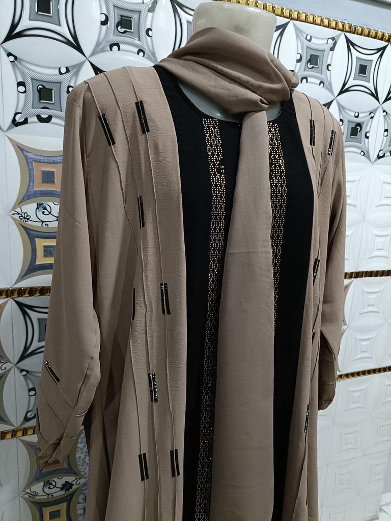 Taupe Brown Contrast Abaya With Full Length Stone Work image