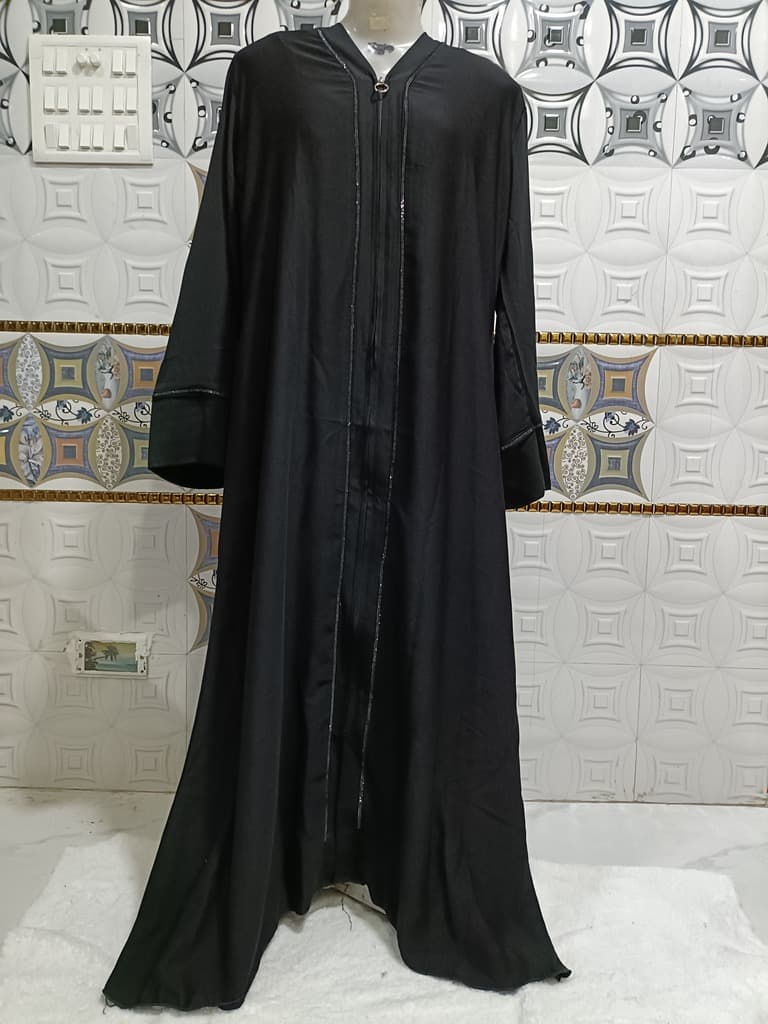 Front Open Black Sheet Abaya With Full Length Chain