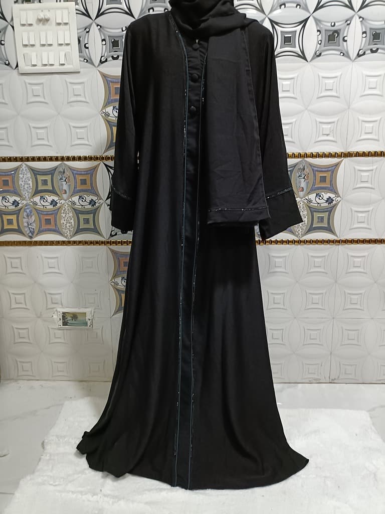 Black Sheet Abaya With Full Length Dark Cyan Piping And Mock Buttons image