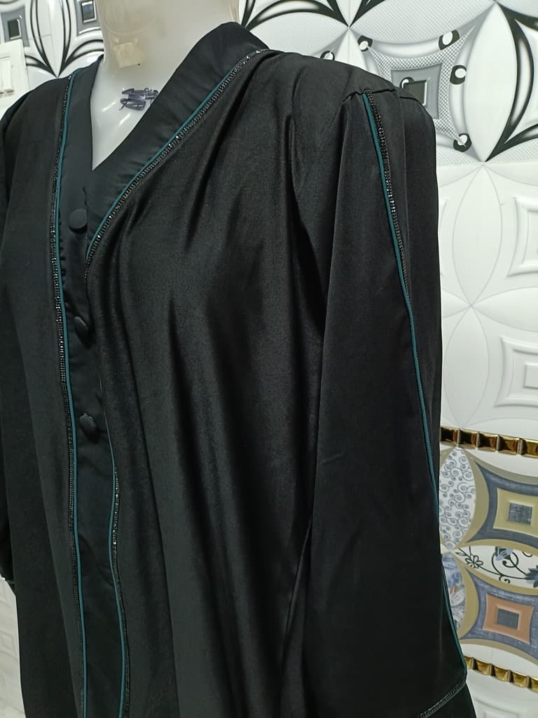 Black Sheet Abaya With Full Length Dark Cyan Piping And Mock Buttons image