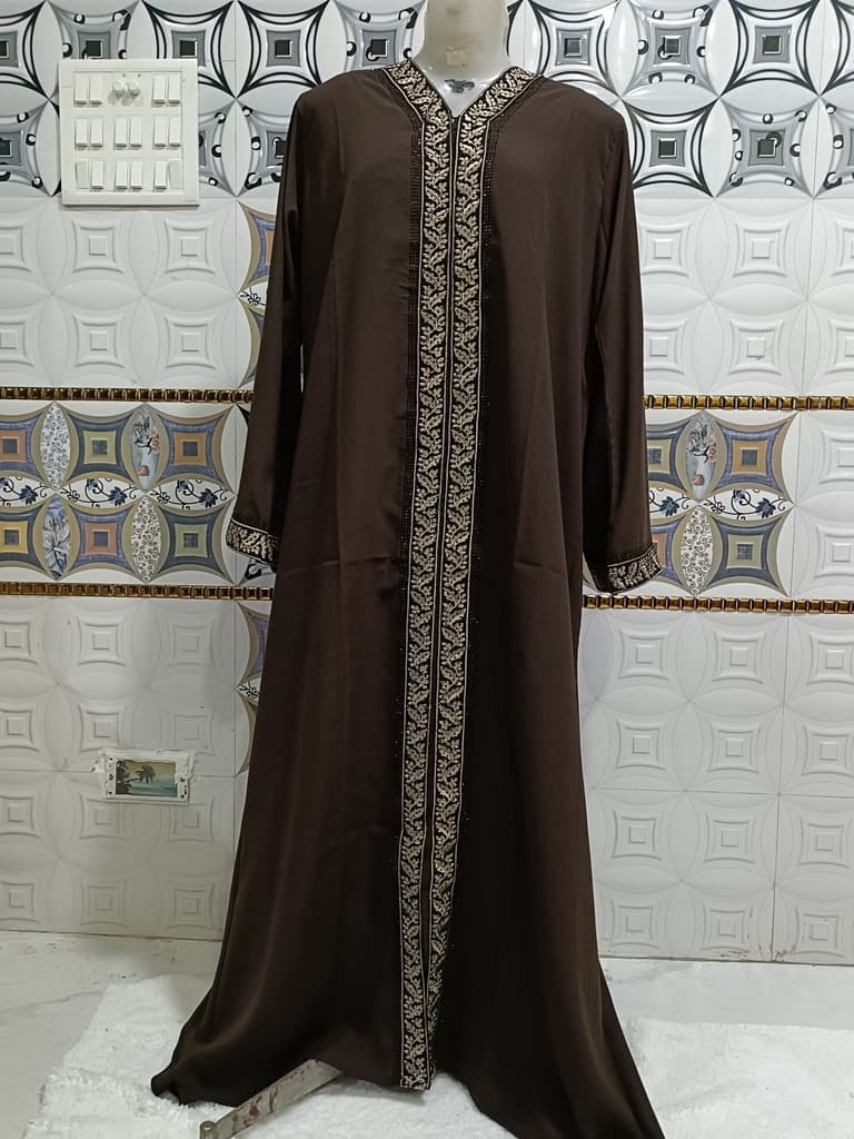 Front Open Brown Abaya With Full Length Lace