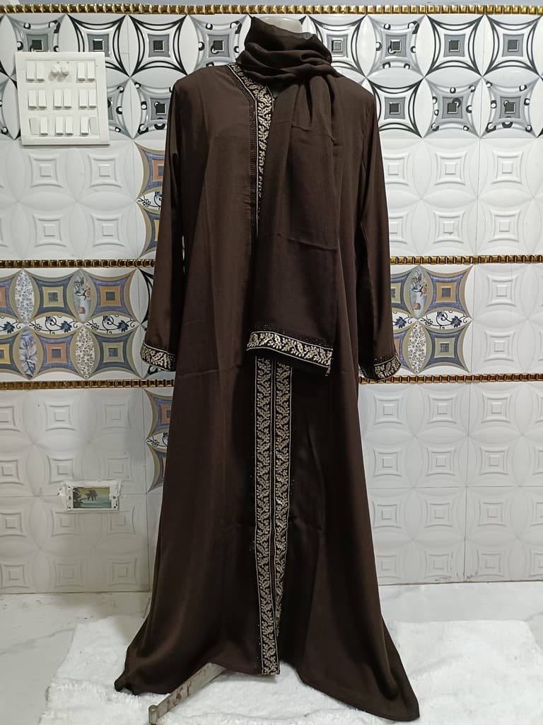 Front Open Brown Abaya With Full Length Lace thumbnail 2