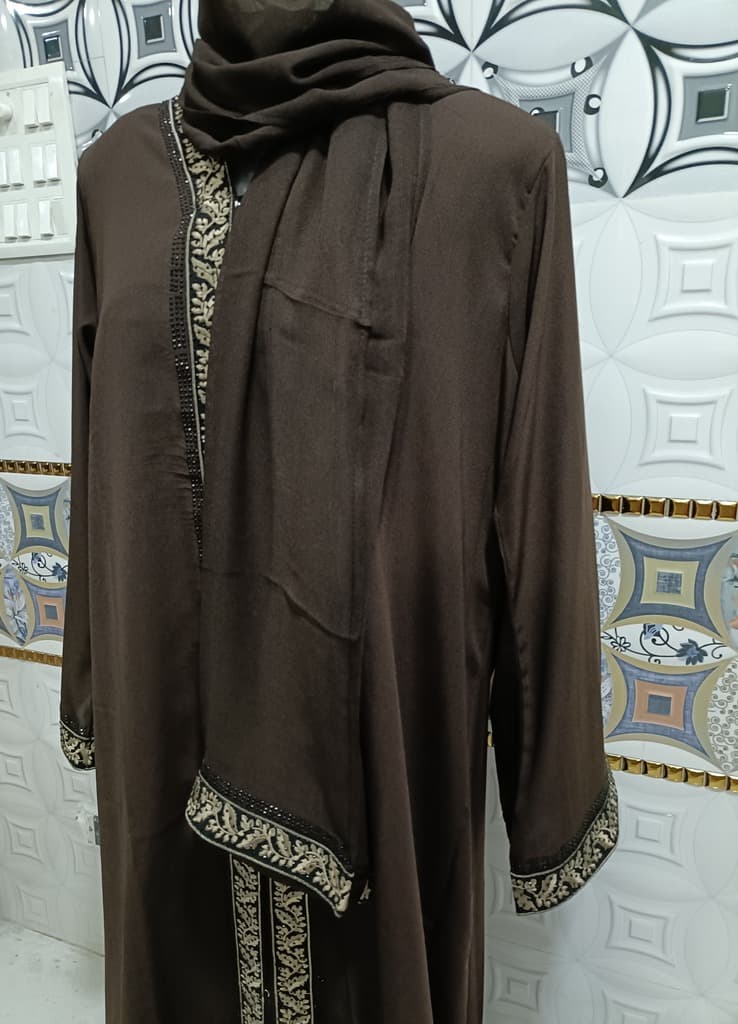 Front Open Brown Abaya With Full Length Lace image