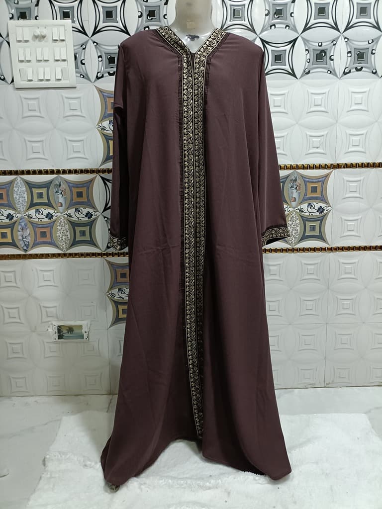 Front Open American Brown Abaya With Full Length Lace thumbnail 1