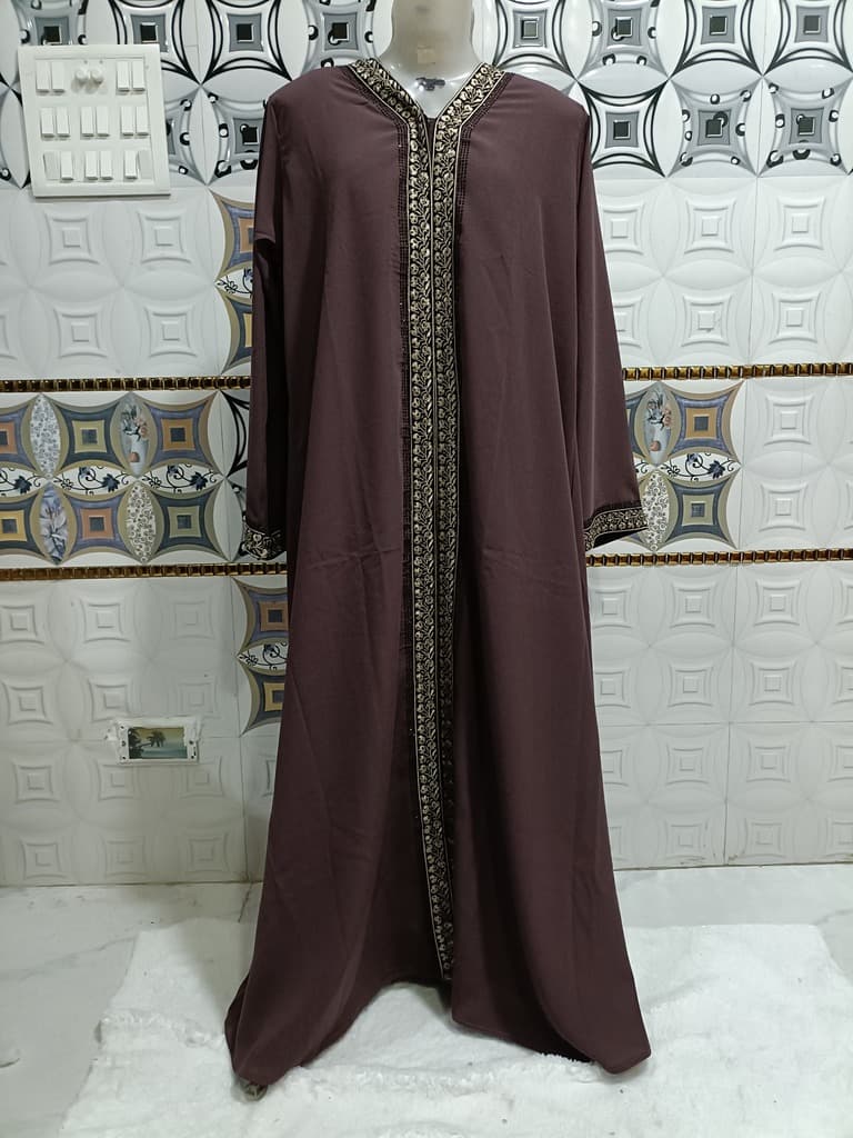 Front Open American Brown Abaya With Full Length Lace image