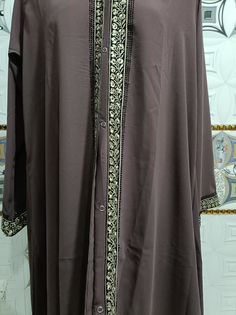 Front Open American Brown Abaya With Full Length Lace thumbnail 2